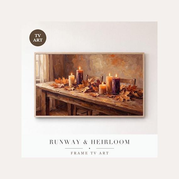 Candles and Maple Leaves Frame TV Art, Samsung Frame TV Art Autumn Still Life Oil Painting, Fal…