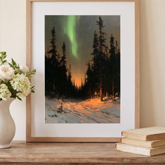 Northern Lights Over Pines Antique Oil Painting — view 2