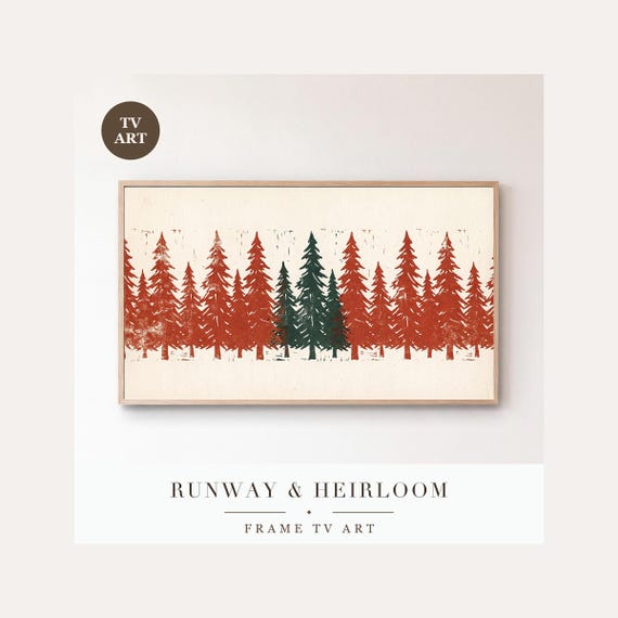 Fir Tree Block Print Frame TV Art, Samsung Frame TV Art Nordic Christmas Folk Print, Hygge Holi…