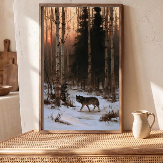 Wolf in a Birch Grove Antique Oil Painting — view 6