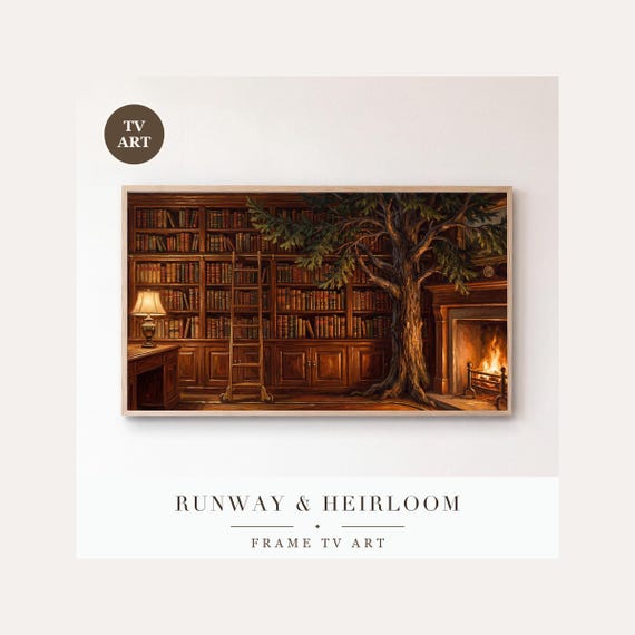 Christmas Library Frame TV Art, Samsung Frame TV Art Cozy Book Room Oil Painting, Fireside Holi…