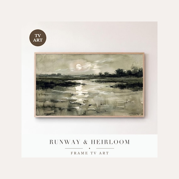 Moon on Water Frame TV Art, Samsung Frame TV Art Tonalist Marsh Nocturne, Moody Halloween Decor…