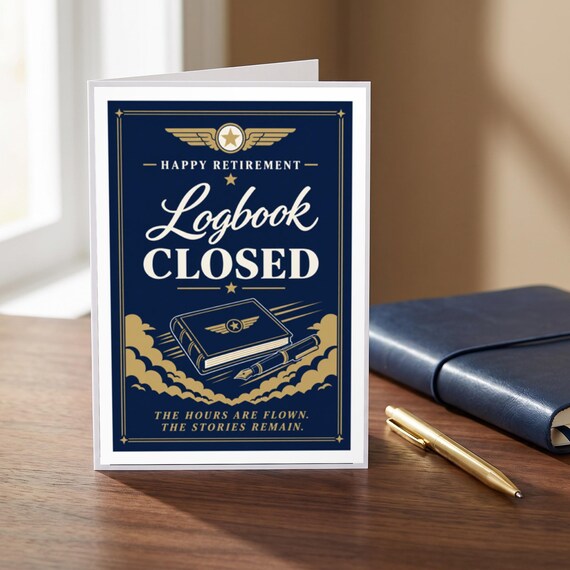 Logbook Closed Pilot Retirement Card Printable Happy Farewell Digital Download Aviation Captain Gift Flight Crew Party Keepsake Dad Men &mdash; view 3