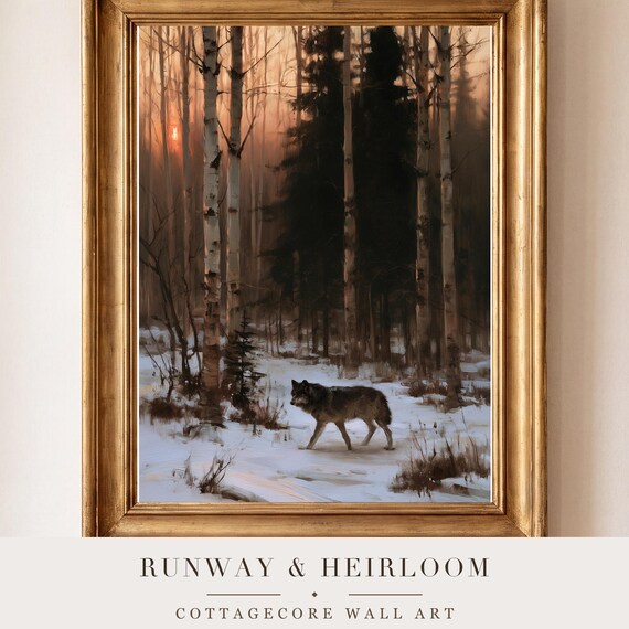 Wolf in a Birch Grove Antique Oil Painting — view 4