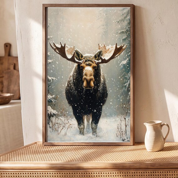 Moose in Snowfall Antique Oil Painting — view 5