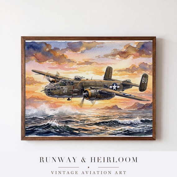 B-25 Mitchell Watercolor Print — aviation wall art print