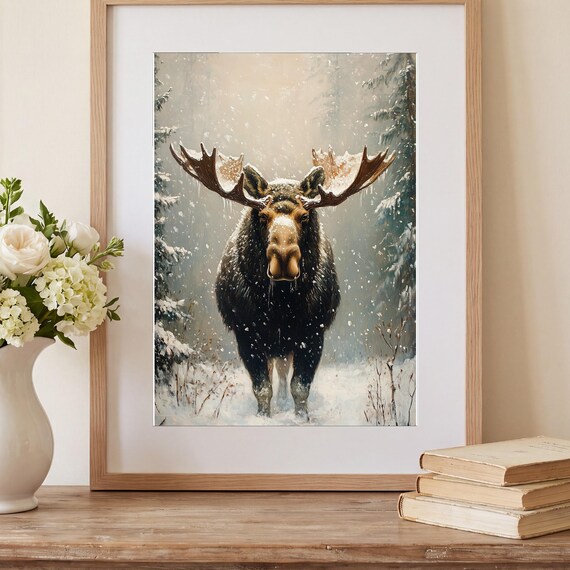 Moose in Snowfall Antique Oil Painting — view 2