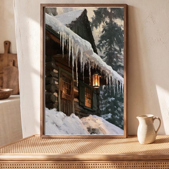 Icicles on a Cabin Antique Oil Painting — view 5