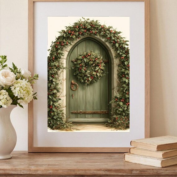 Christmas Cottage Door Watercolor Art Print — view 2