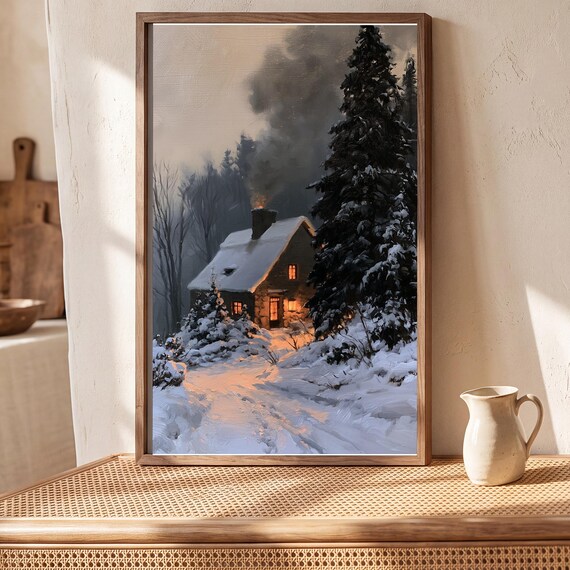 Snowy Stone Chimney Antique Oil Painting — view 5