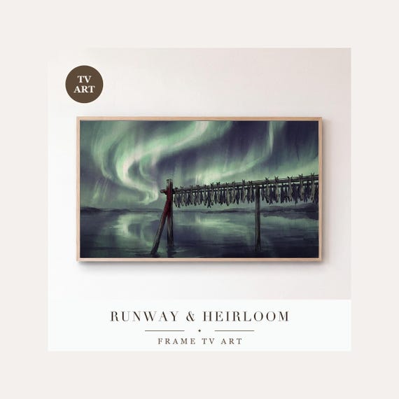 Drying Cod Racks Frame TV Art, Samsung Frame TV Art Northern Lights Fjord Painting, Nordic Wint…