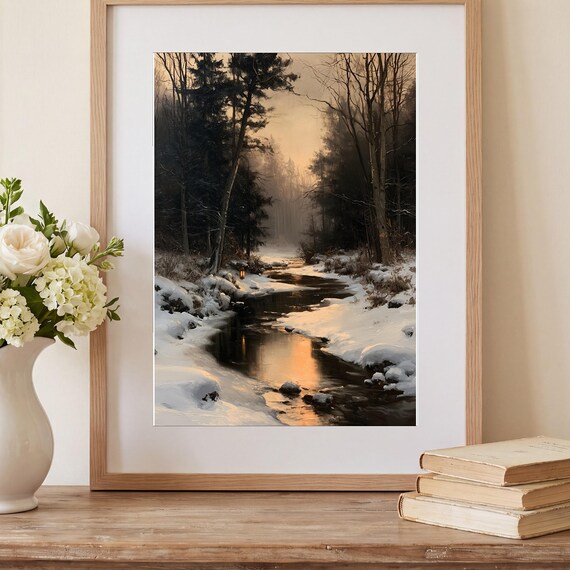 Frozen Woodland Stream Antique Oil Painting — view 2