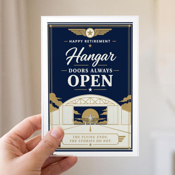 Hangar Doors Always Open Pilot Retirement Card Printable Happy Digital Download Aviation Captain Gift Flight Crew Party Keepsake Men &mdash; view 2