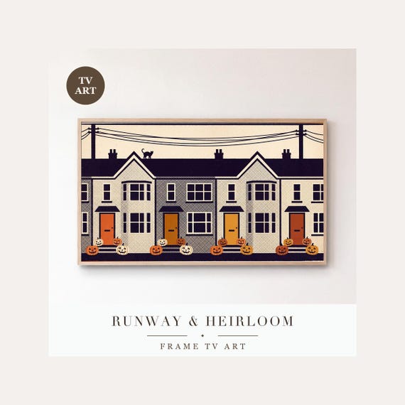 Spooky Hillside Town Frame TV Art, Samsung Frame TV Art Vintage Screen Print Halloween Village,…