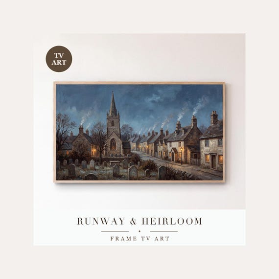 Christmas Village Frame TV Art Set of 6, Samsung Frame TV Art Vintage Winter Oil Painting, Snow…