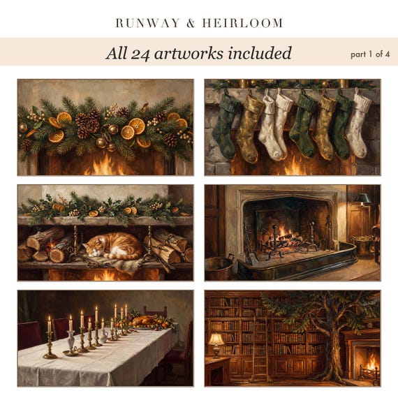 Frame TV Art Bundle of 24, Cozy Vintage Christmas Interiors 4K Download — view 6