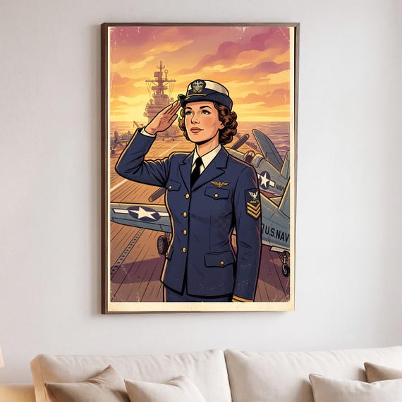 Navy Aviatrix Pin Up Print Retro WWII Poster Vintage Aviation Pinup Wall Art Digital Download Aircraft Decor Warbird Hangar Office &mdash; view 2