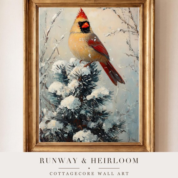 Cardinal on a Snowy Pine Antique Oil Painting — view 4