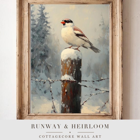 Snow Bunting on a Fence Antique Oil Painting