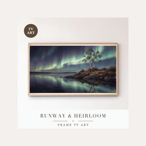 Lone Birch Aurora Frame TV Art, Samsung Frame TV Art Northern Lights Fjord Painting, Nordic Win…