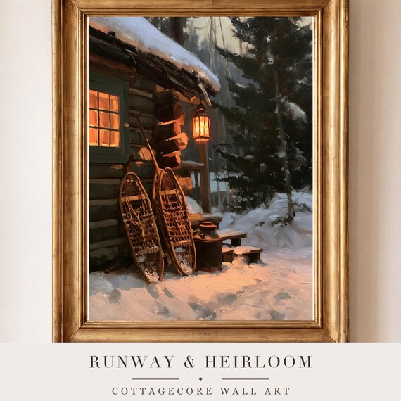 Snowshoes on a Cabin Antique Oil Painting — view 4