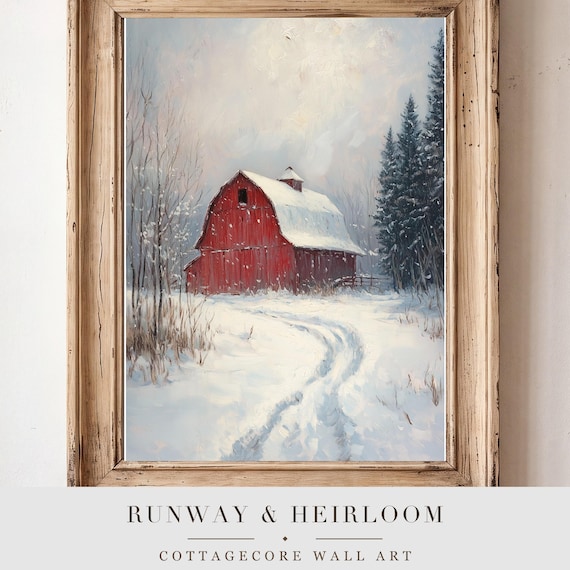 Red Barn in a Whiteout Antique Oil Painting