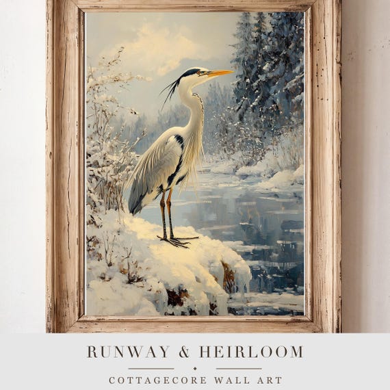 Heron on a Frozen Marsh Antique Oil Painting