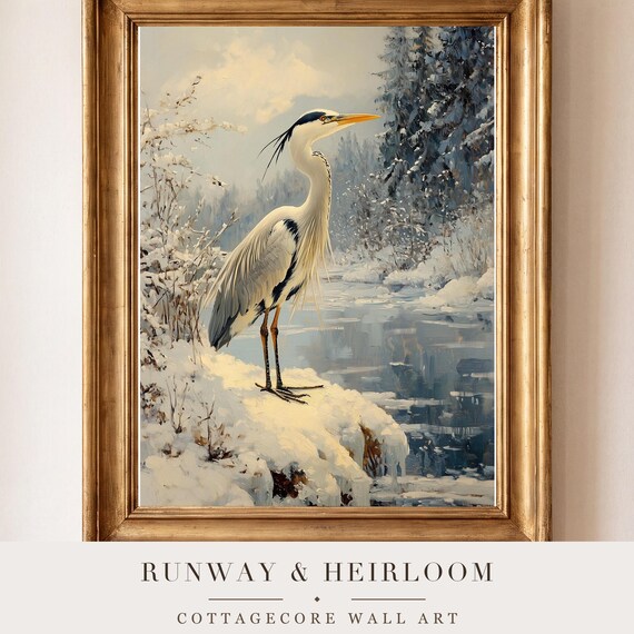 Heron on a Frozen Marsh Antique Oil Painting — view 4