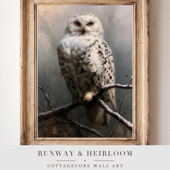 Snowy Owl on a Branch Antique Oil Painting