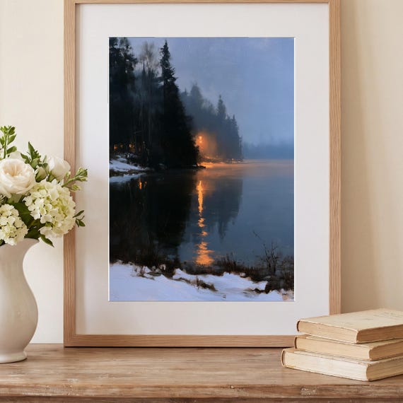 Frozen Lake at Blue Hour Antique Oil Painting — view 2