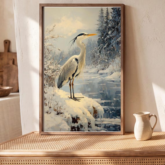 Heron on a Frozen Marsh Antique Oil Painting — view 5