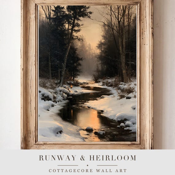Frozen Woodland Stream Antique Oil Painting