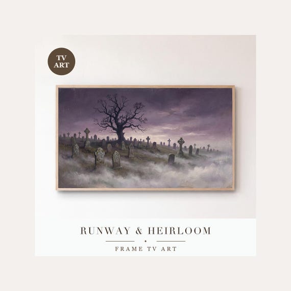 Gothic Cemetery Oak Frame TV Art, Samsung Frame TV Art Romantic Graveyard Oil Painting, Moody H…