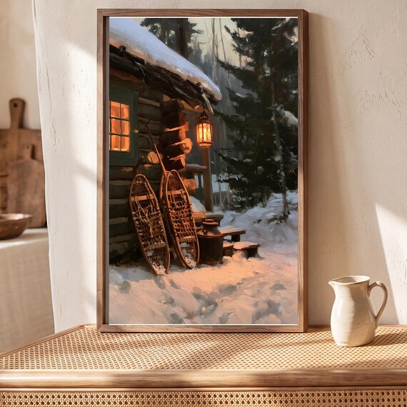 Snowshoes on a Cabin Antique Oil Painting — view 5