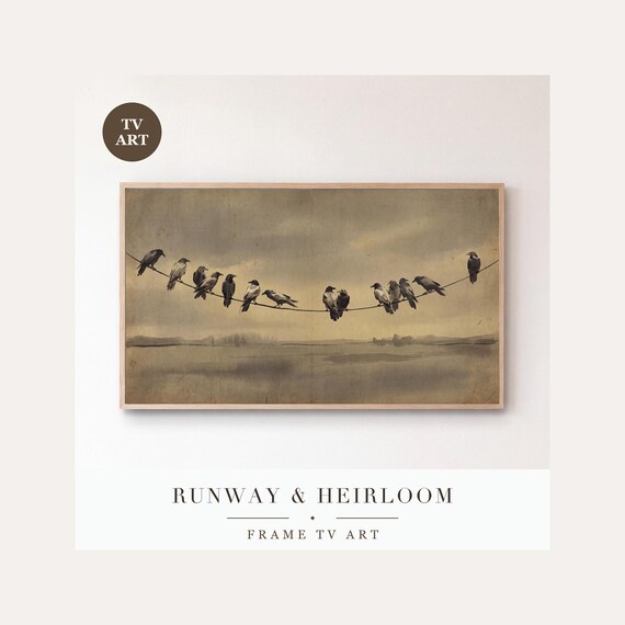 Ravens on a Wire Frame TV Art, Samsung Frame TV Art Minimal Ink Brush Crows, Moody Gothic Fall …