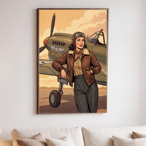 Aviatrix Print Vintage Aviation Pinup Wall Art Retro WWII Pin Up Poster Man Digital Download Aircraft Airplane Warbird Hangar Office &mdash; view 2