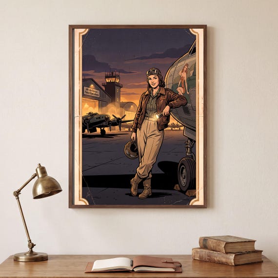 Night Flightline Pin Up Print Vintage Aviation Pinup Wall Art Retro WWII Poster Digital Download Aircraft Airplane Warbird History &mdash; view 5