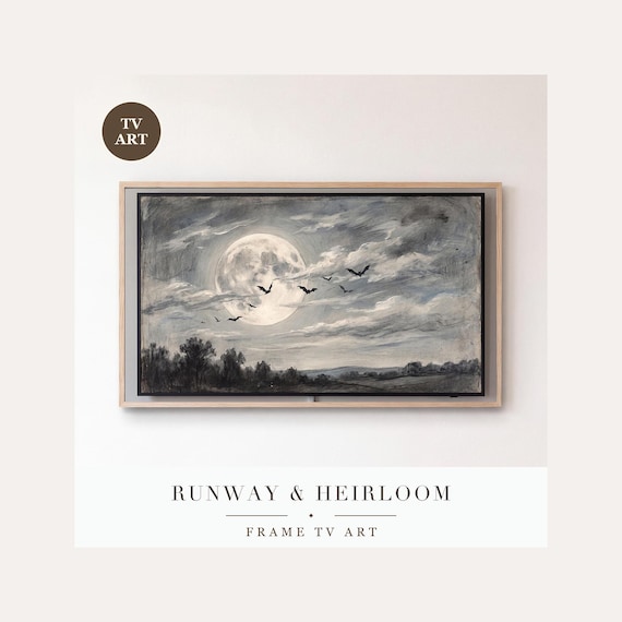 Bats Across the Moon Frame TV Art, Samsung Frame TV Art Soft Nocturne Painting, Minimalist Hall…