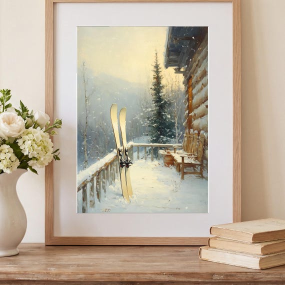 Vintage Skis on a Porch Antique Oil Painting — view 2