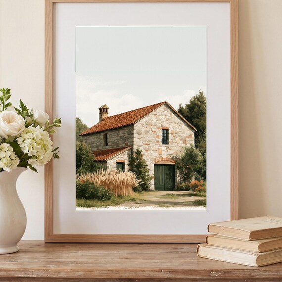 Stone Barn with Wheat Sheaves Watercolor Print — view 2