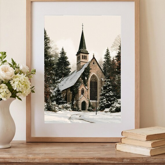 Snowy Village Chapel Watercolor Art Print — view 2