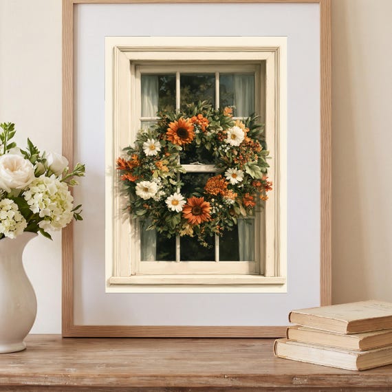 Cottage Window with Harvest Wreath Watercolor Print — view 2