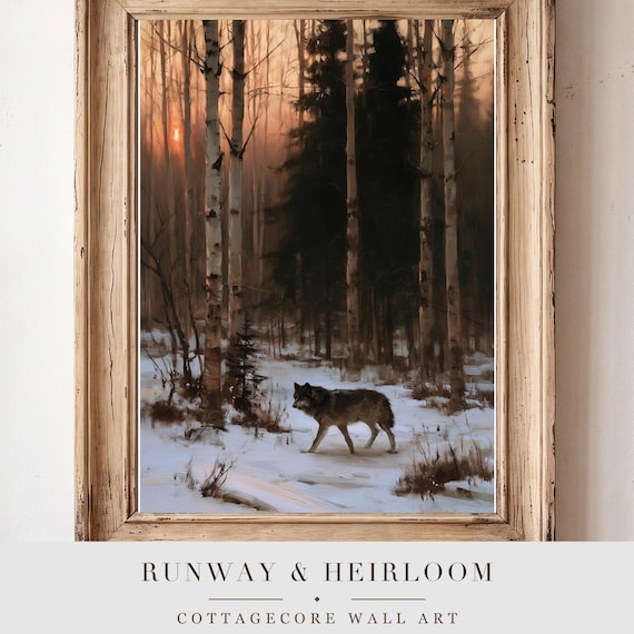 Wolf in a Birch Grove Antique Oil Painting