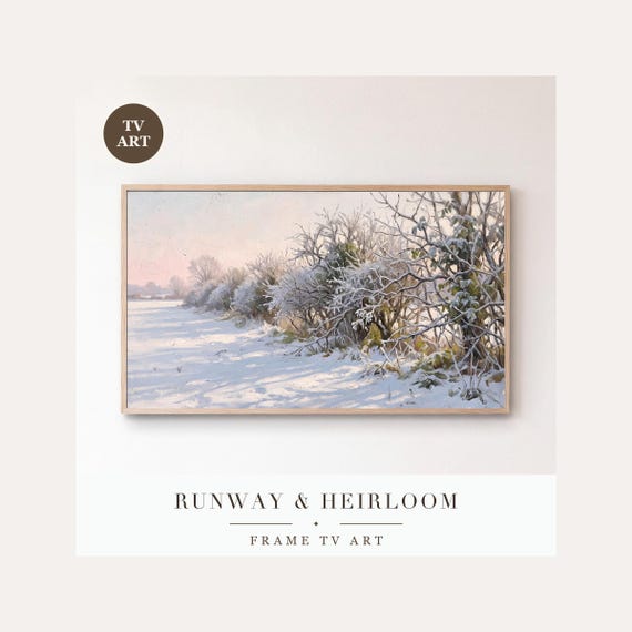 Hoarfrost Hedgerow Frame TV Art, Samsung Frame TV Art Snowy Woodland Oil Painting, Minimalist W…