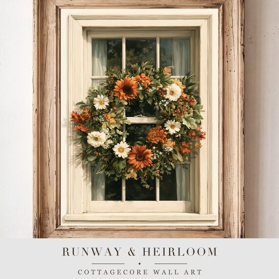 Cottage Window with Harvest Wreath Watercolor Print