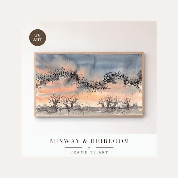 Murmuration Stretched Thin Frame TV Art, Samsung Frame TV Art Starling Ink Wash, Moody Autumn S…