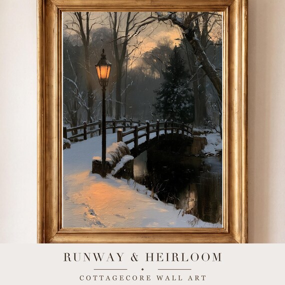 Snowy Footbridge Antique Oil Painting — view 4