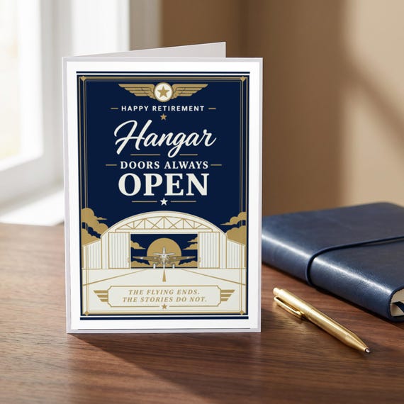 Hangar Doors Always Open Pilot Retirement Card Printable Happy Digital Download Aviation Captain Gift Flight Crew Party Keepsake Men &mdash; view 3