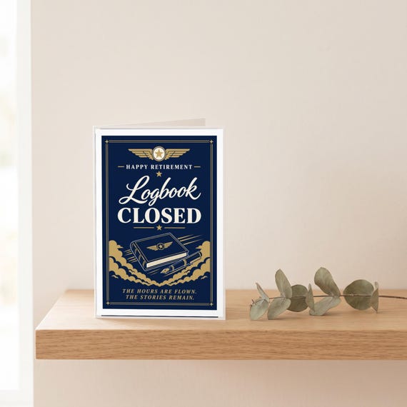 Logbook Closed Pilot Retirement Card Printable Happy Farewell Digital Download Aviation Captain Gift Flight Crew Party Keepsake Dad Men &mdash; view 6