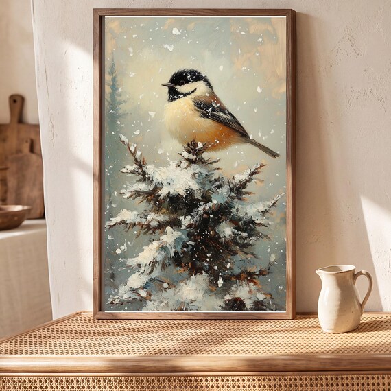 Chickadee in Frost Antique Oil Painting — view 5